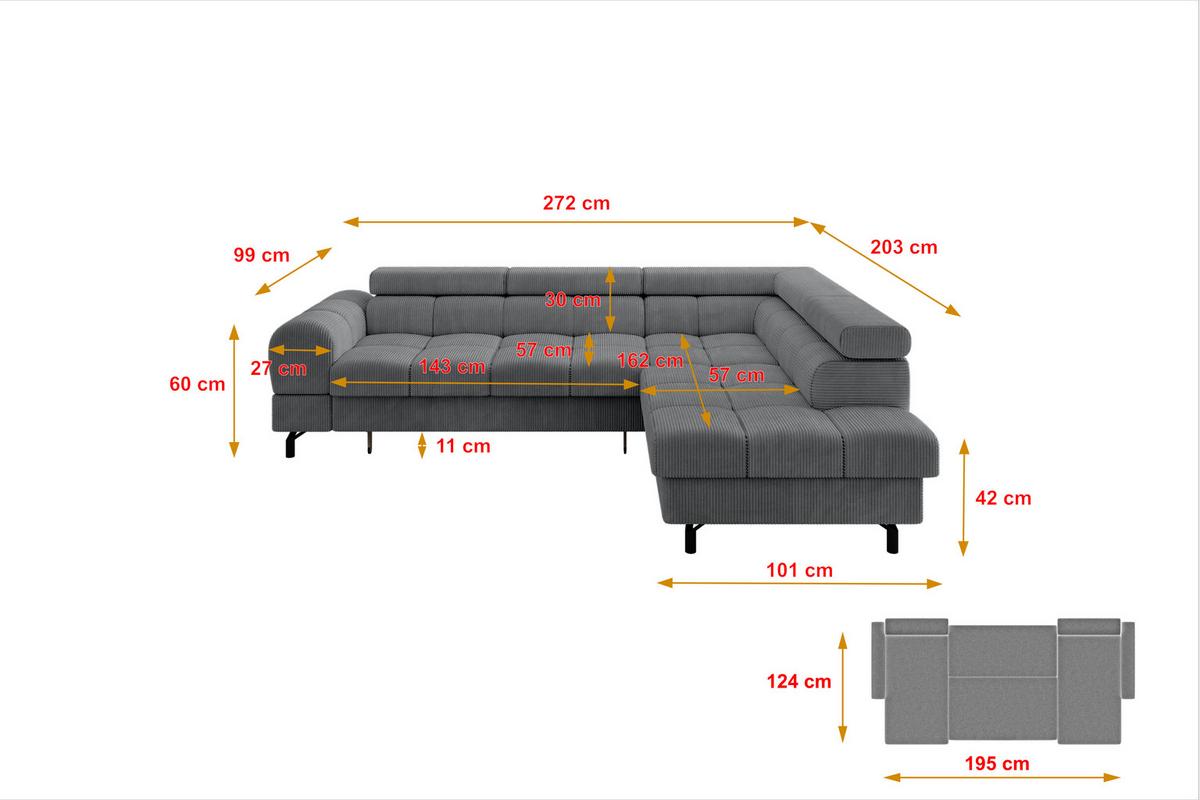 ECKSOFA mit Schlaffunktion Ottomane Rechts LUMA-L 272x203x70 Dunkelgrau Cord - Dunkelgrau/Schwarz, Holzwerkstoff/Kunststoff (203/272cm) - ALTDECOR
