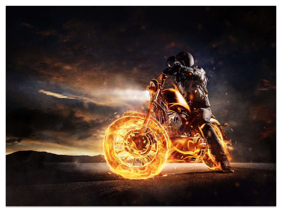 FOTOTAPETE für Jugendzimmer Mann Brennenden Motorrad Sport Nacht 150x105 - Schwarz/Orange, Papier (150/105cm) - Muralo