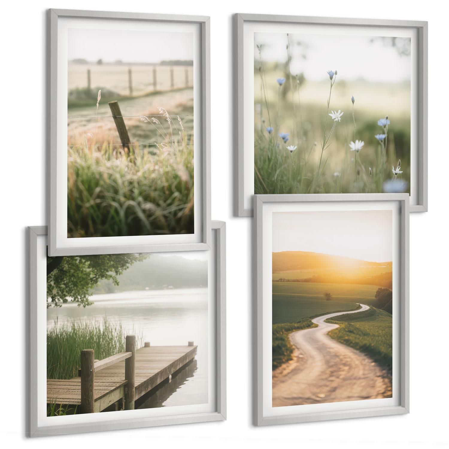 BILDER SET 4er Set - 50x50 cm & 40x60 cm Silberner Rahmen - Landschaftswiesenstraße West - Silberfarben, Kunststoff (50/50cm) - TULUP