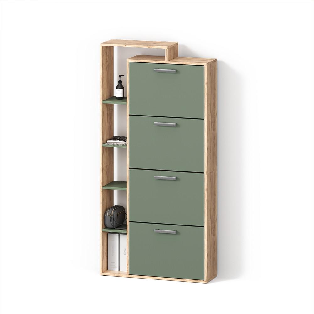 SCHUHKIPPER Ortello Goldkraft Eiche/Grün 80 x 166.1 cm mit 4 Fächern - Honigeiche/Grün, Holzwerkstoff (80/166.1/24.2cm) - Livinity®