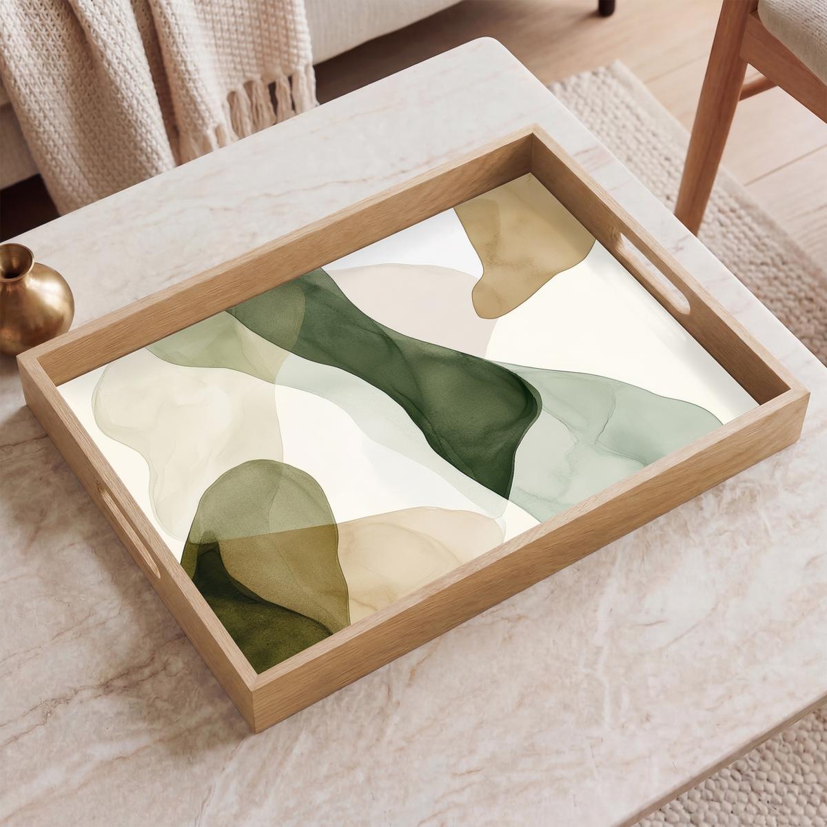 TABLETT Japandi - Abstrakt - Grün 50x35 cm - Grün, Holz (50/5/5cm) - OnlyWow
