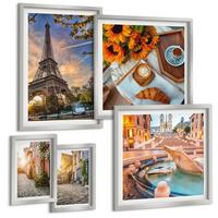 BILDER SET 5er Set - 50x50 cm & 20x30 cm & 40x60 cm Silberner Rahmen - Charmante Straßen mit Kaffee - Silberfarben, Kunststoff (40/60cm) - TULUP