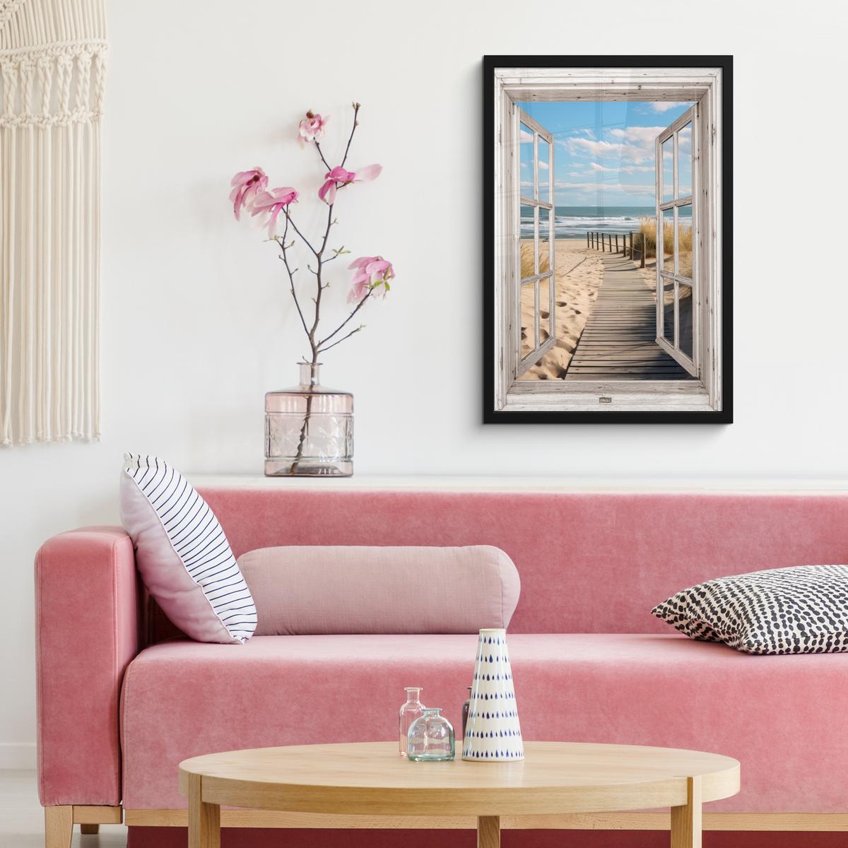 POSTER MIT RAHMEN Fenster - Meer - Küste - Natur - Ausblick - Strand - Wattenmeer Bilder mit Rahmen 40x60 cm - Beige, Papier (40/60cm) - MuchoWow