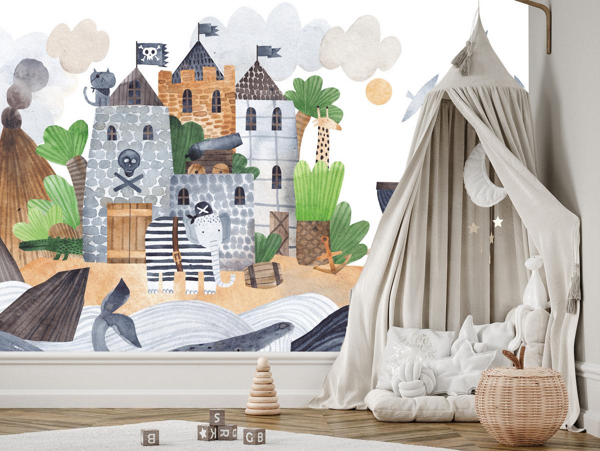 FOTOTAPETE für Kinderzimmer Märchen Piratenfestung Schiff Meereswellen 150x105 - Blau/Beige, Papier (150/105cm) - Muralo
