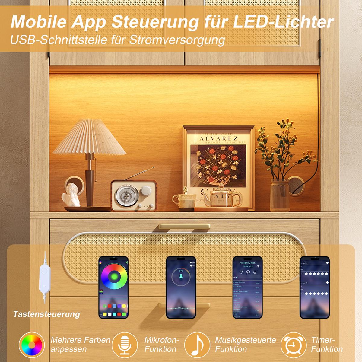 HIGHBOARD in heller Eiche-Optik mit Rattantüren, mit LED-Beleuchtung und viel Stauraum - Naturfarben, Holzwerkstoff (80/180/35cm) - Urban Meuble