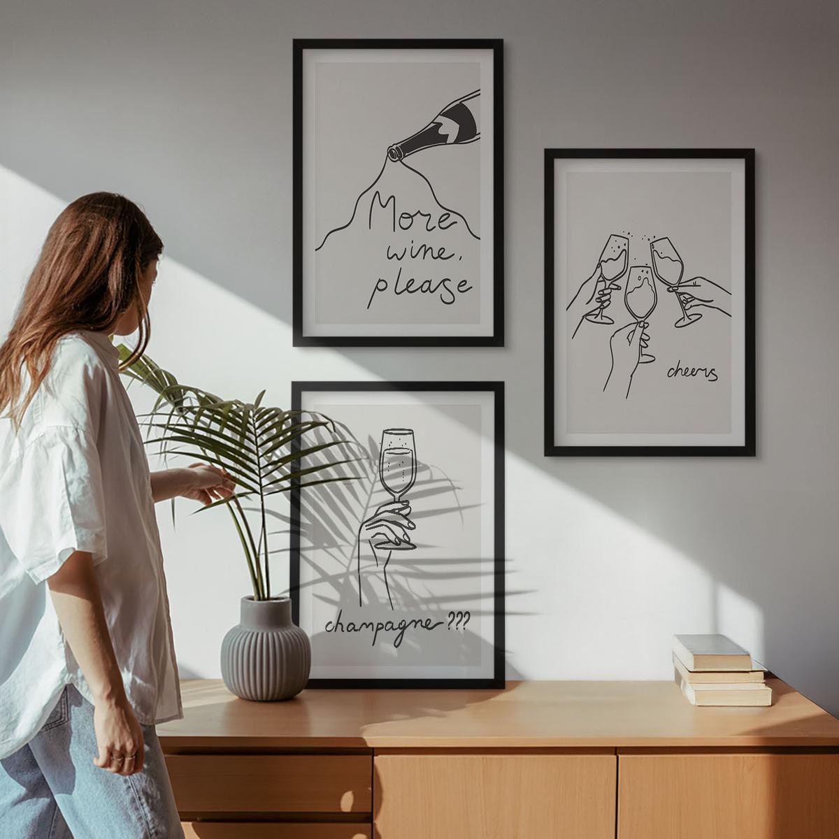BILDER SET 3er Set - 40x60 cm Schwarzer Rahmen - Champagner-Wein-Linienzeichnung - Schwarz, Kunststoff (40/60cm) - TULUP