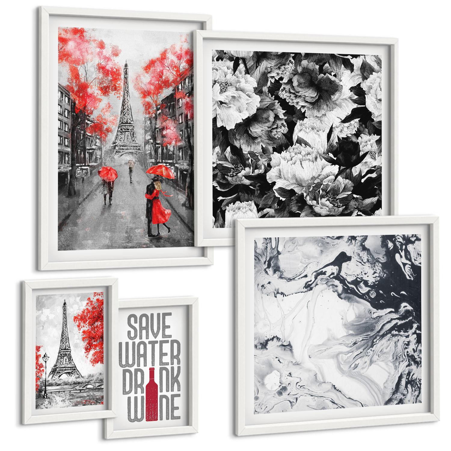 BILDER SET 5er Set - 50x50 cm & 20x30 cm & 40x60 cm Weißer Rahmen - graue Gemälde des Eiffelturms - Weiß, Kunststoff (40/60cm) - TULUP