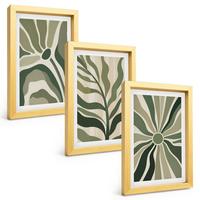 BILDER SET 3er Set - 20x30 cm Goldrahmen - Grüne und beige Pflanzenmuster - Goldfarben, Kunststoff (20/30cm) - TULUP