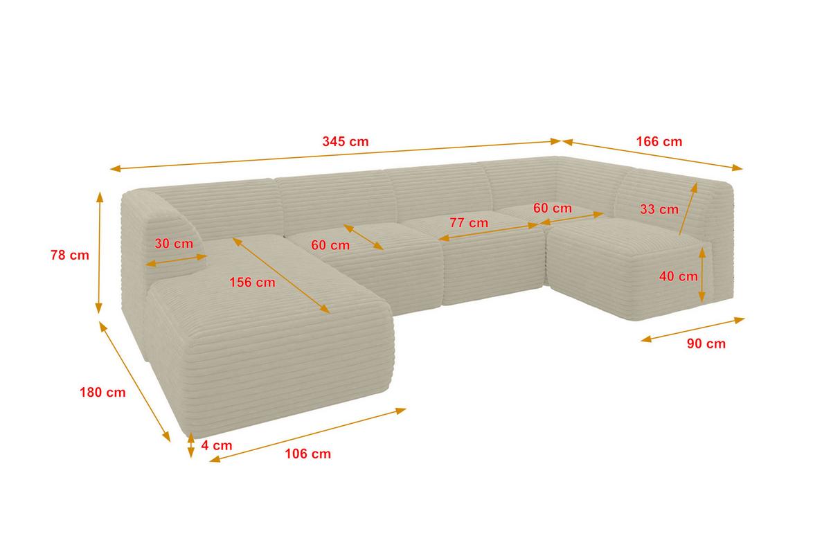 WOHNLANDSCHAFT Ottomane Links MOVO-L 345x180x78 cm Creme Cord - Ecru, Holzwerkstoff/Kunststoff (345/78/180cm) - ALTDECOR