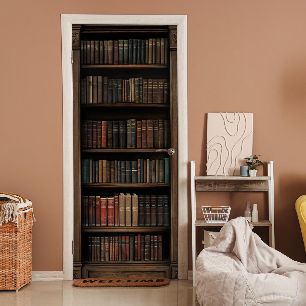 TÜRAUFKLEBER Bücherregal - Vintage - Braun 90x215 cm - Türtapete - Nussbaumfarben, Kunststoff (90/0.1cm) - MuchoWow