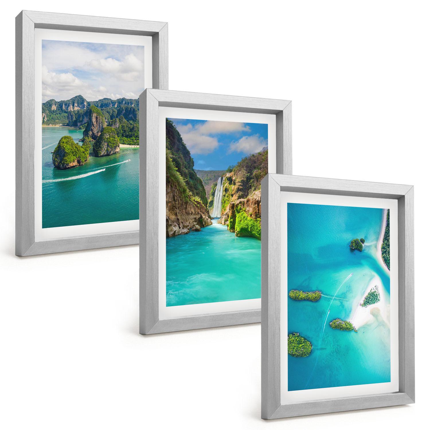 BILDER SET 3er Set - 20x30 cm Silberner Rahmen - Tropische Inseln, türkisfarbenes Wasser - Silberfarben, Kunststoff (20/30cm) - TULUP