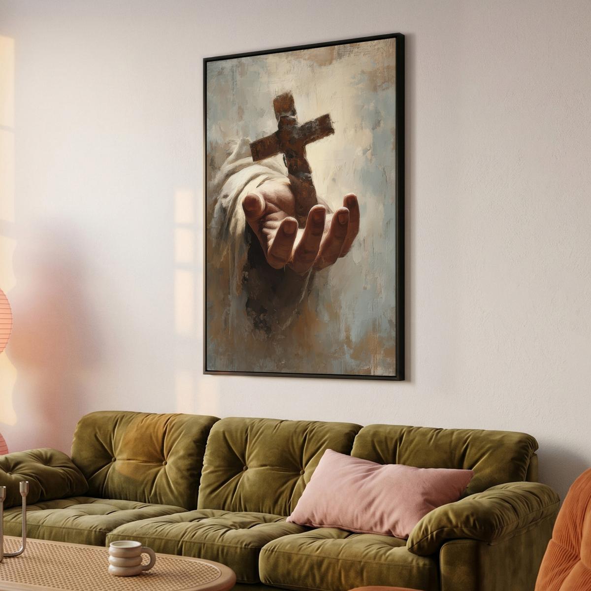 LEINWAND Bilder mit Rahmen - Abstrakt - Kreuz - Hand - Christentum - 90x140 - Hellbraun, Textil (90/140cm) - MuchoWow