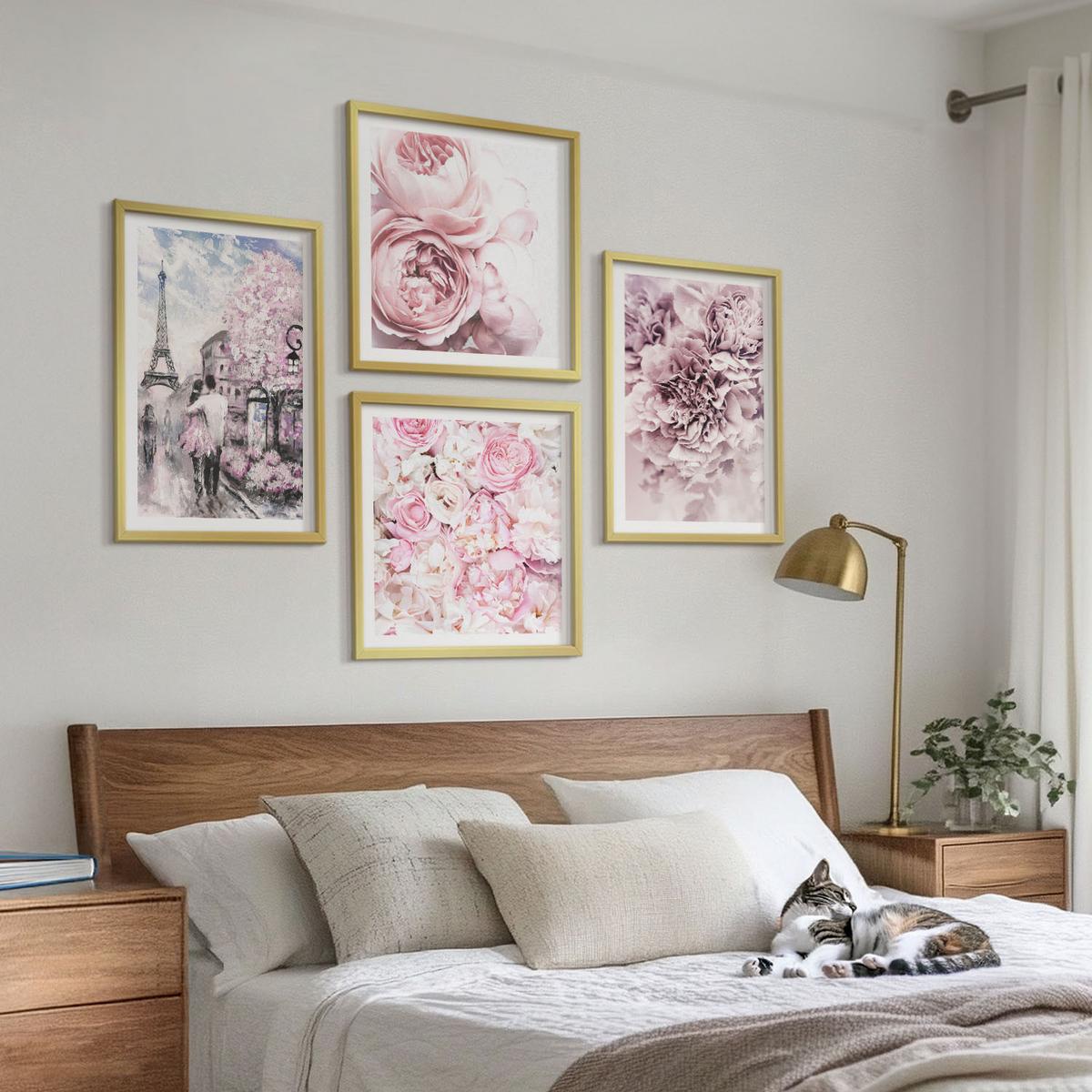BILDER SET 4er Set - 50x50 cm & 40x60 cm Goldrahmen - Rosa Blumen, romantische Landschaft - Goldfarben, Kunststoff (50/50cm) - TULUP