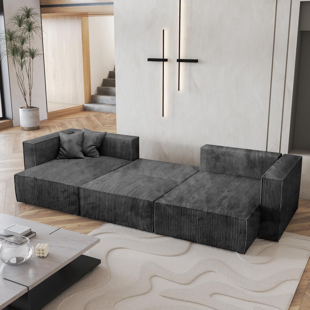 WOHNLANDSCHAFT SARMO P Graphitfarben Kordstoff mit Schlaffunktion - Graphitfarben/Grau, Holz/Kunststoff (347/70/148cm) - MASSENO