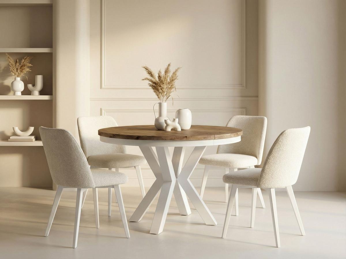 ESSTISCH Clara Weiß runder ausziehbarer, Lefkas Eiche 100-180/100/76 cm - Alteiche/Weiß, Holzwerkstoff/Metall (100/176/76cm) - WFL GROUP