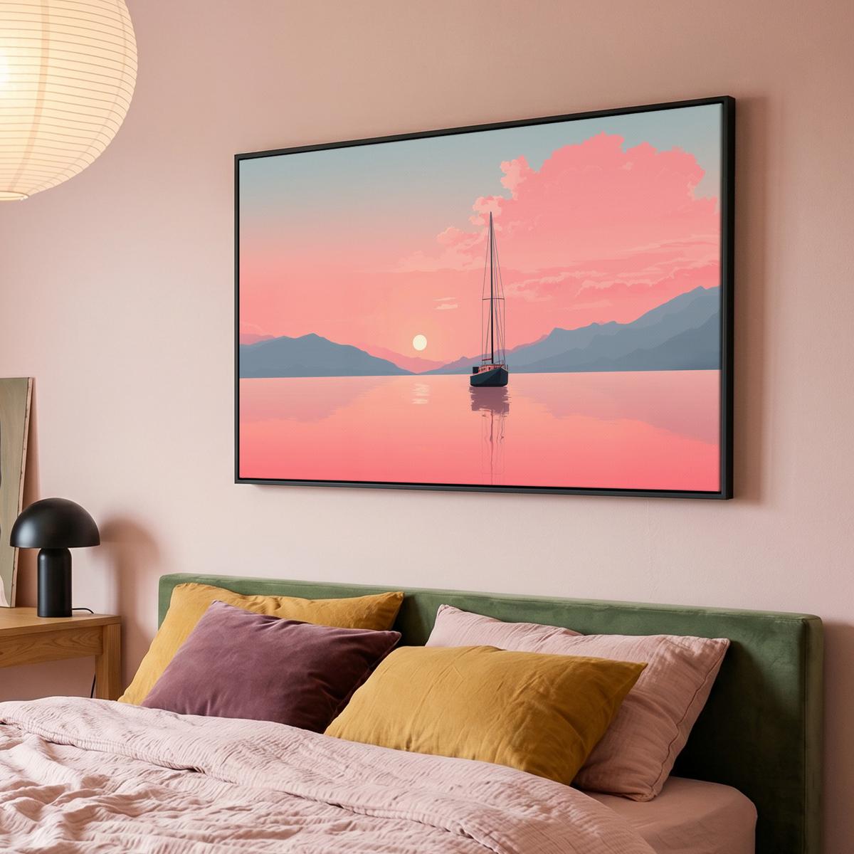 LEINWAND Bilder mit Rahmen - Segelboot - Rosa Meer - Sonnenuntergang - Berge - 140x90 - Rosa, Textil (140/90cm) - MuchoWow