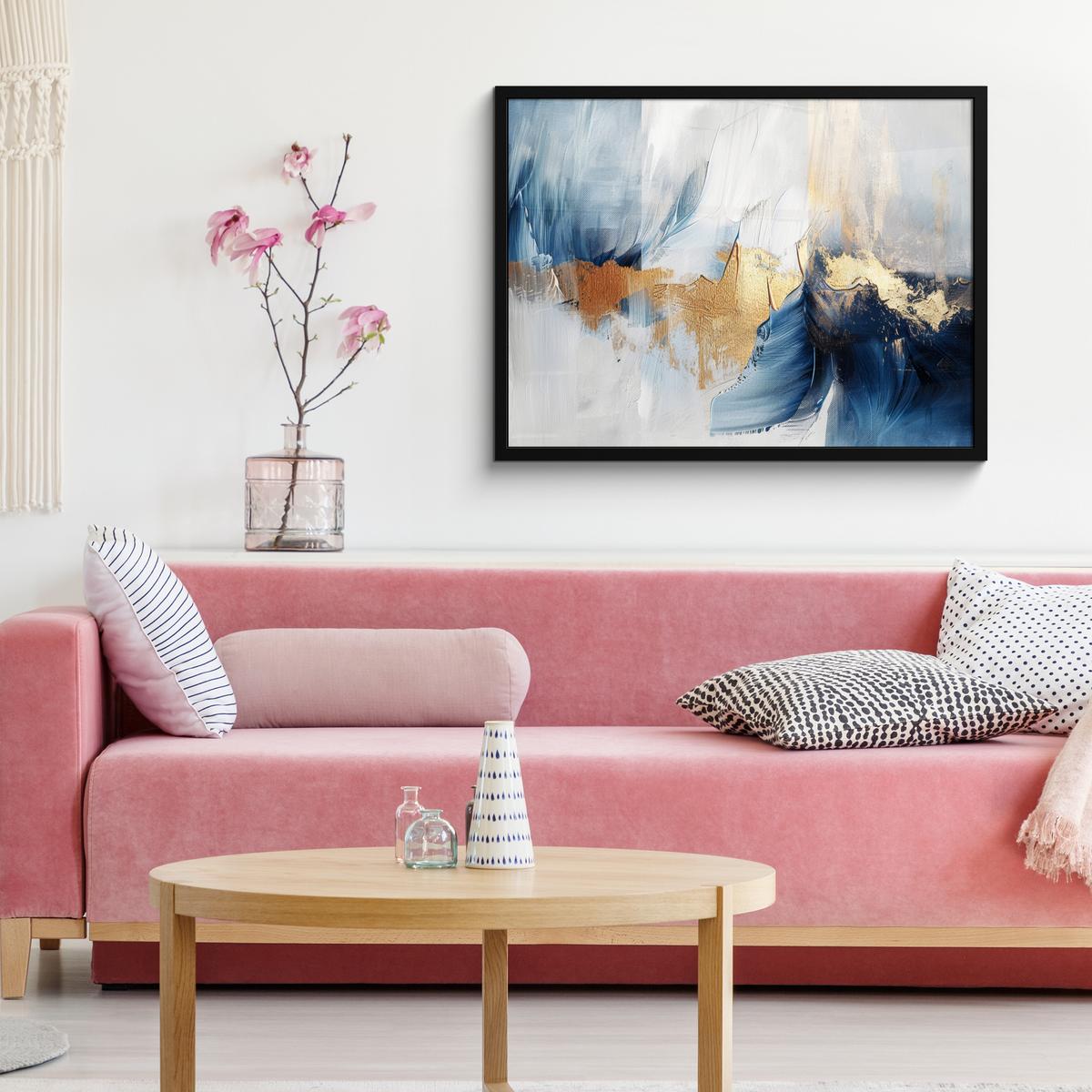 POSTER MIT RAHMENGERAHMTES BILD Gold - Blau - Aquarell - Kunst - Modern 80x60 cm - Hellblau, Papier (80/60cm) - MuchoWow