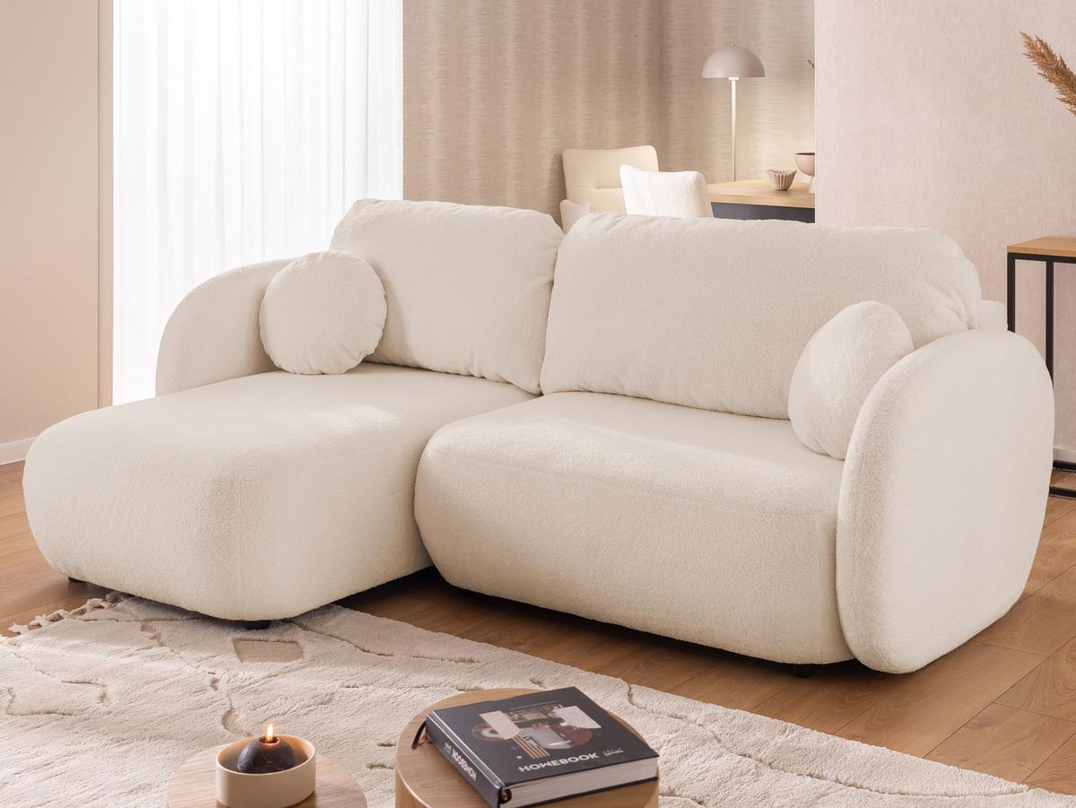 ECKSOFA Candy mit Schlaffunktion Hellbeige Bouclé-Stoff - Ottomane links - Beige/Schwarz, Holz/Kunststoff (230/146cm) - S-Style Möbel