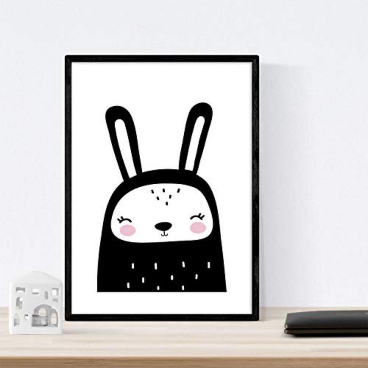 POSTER Set mit 4 Rabbit und Pinguine Tiere A4 Schwarzer Rahmen - Schwarz, Papier (29.7/3cm) - Nacnic