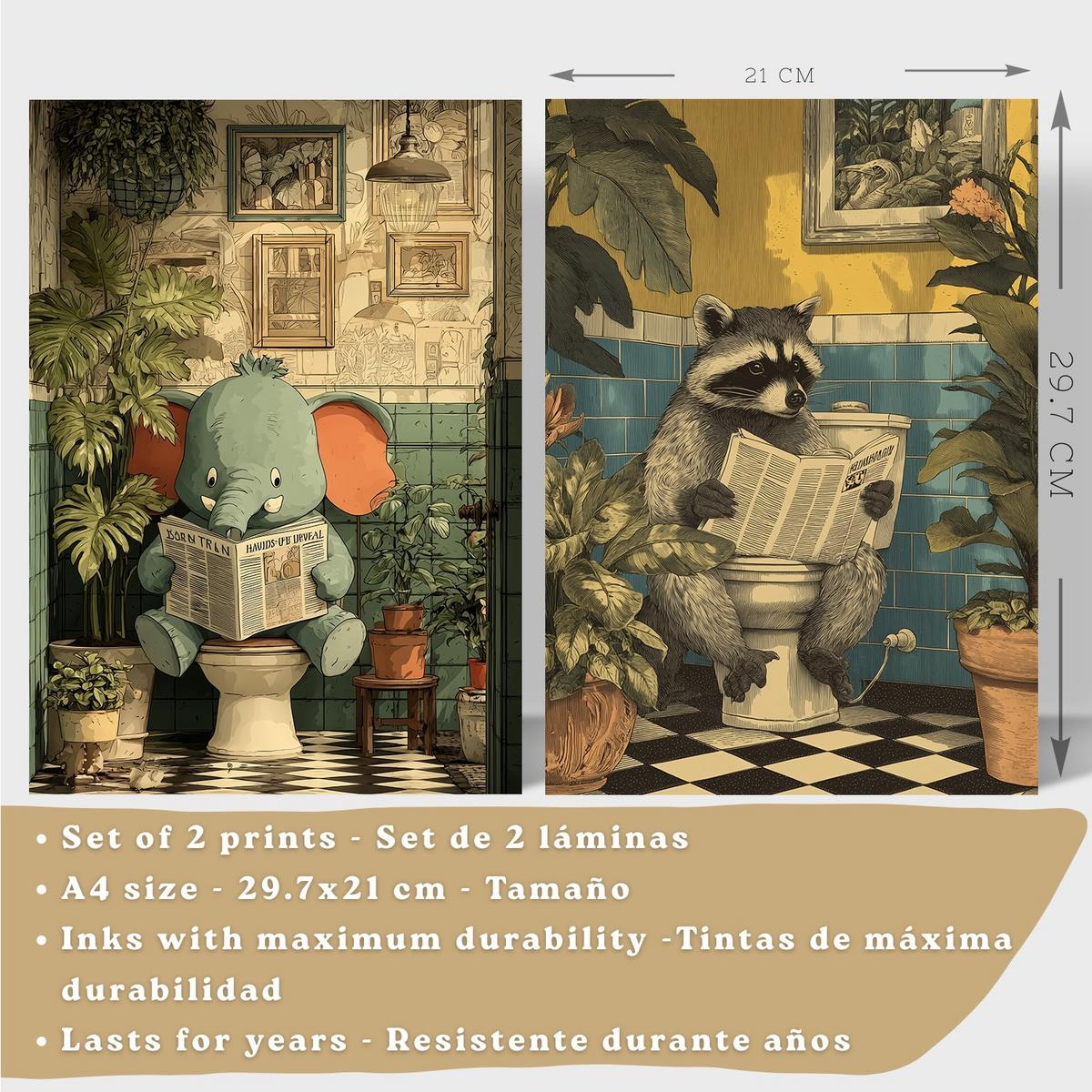 POSTER 2er-Set lustige Badezimmer-Kunstdrucke, Bilder mit lustigen Tieren auf der Toilette, witzige, Dusche Leichter Holzrahmen A4 - Beige, Papier (29.7/21/3cm) - Nacnic