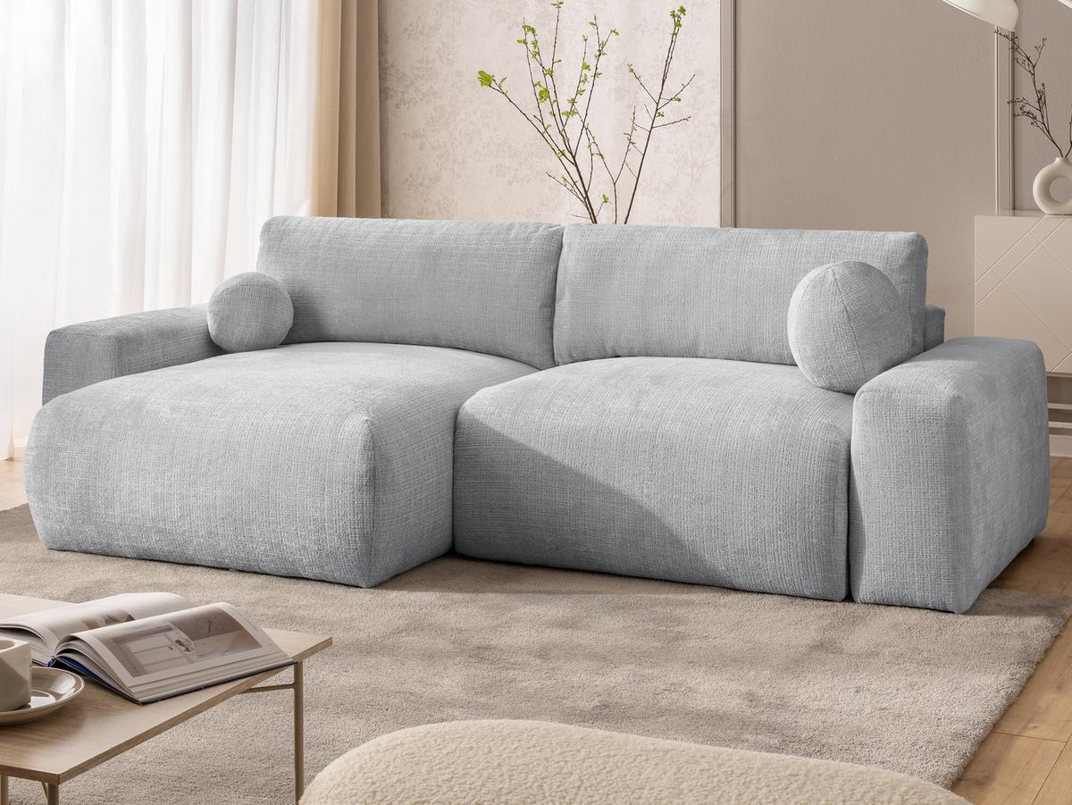 ECKSOFA Puffy mit Schlaffunktion und Bettkasten - besonders weich und puffig aus Hellgrau Chenille-Stoff - Ottomane links - Hellgrau/Schwarz, Holz/Kunststoff (138/266cm) - S-Style Möbel