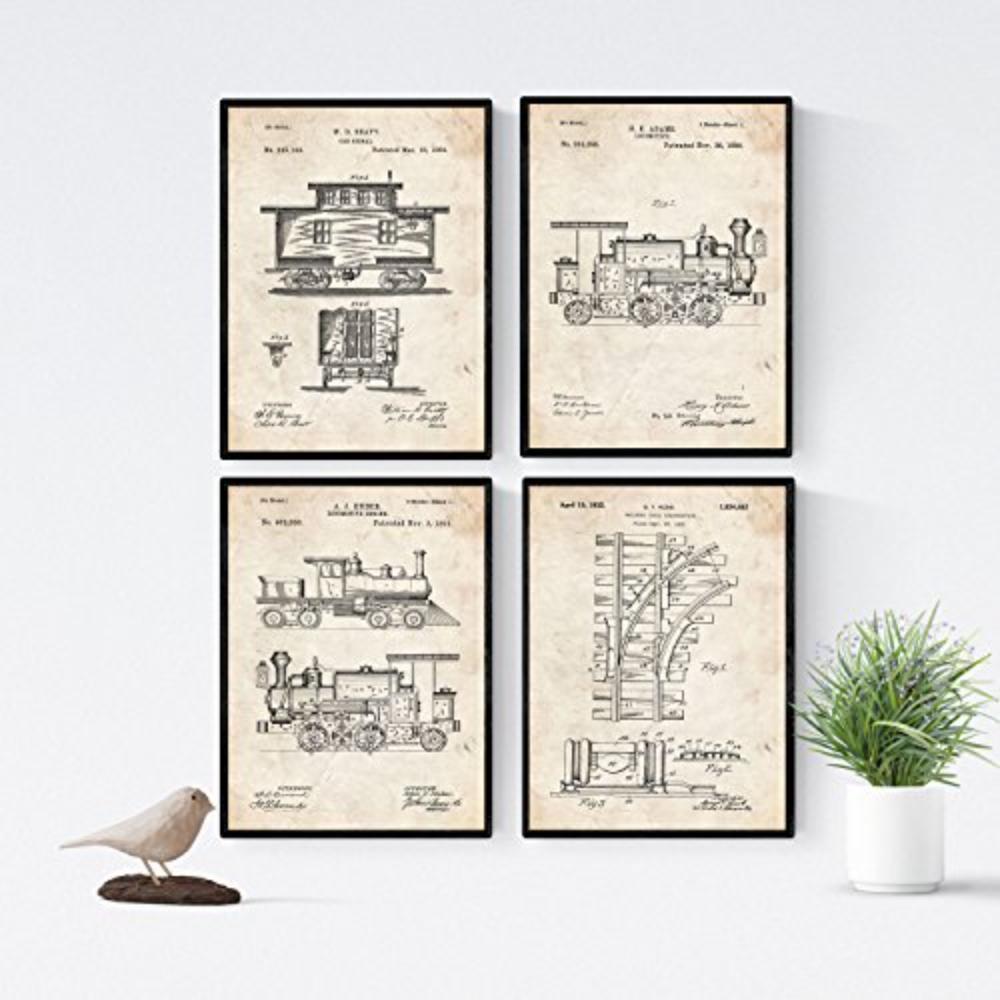 POSTER Set mit 4 Jahrgang eisenbahn patenten A4 Schwarzer Rahmen - Schwarz, Papier (29.7/3cm) - Nacnic