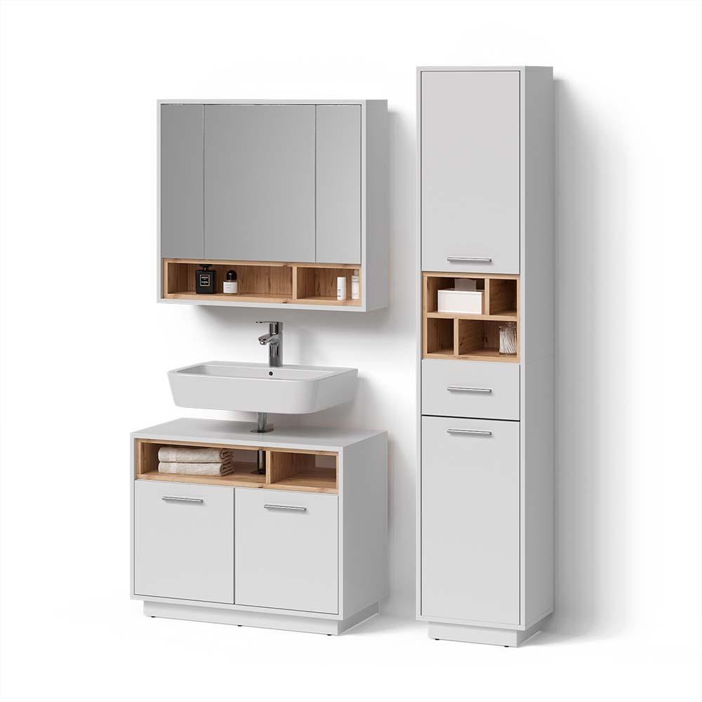 BADMÖBEL-SET Temo Weiß 3 Teile, mit Hochschrank - Weiß, Holzwerkstoff (80/190/40cm) - Livinity®