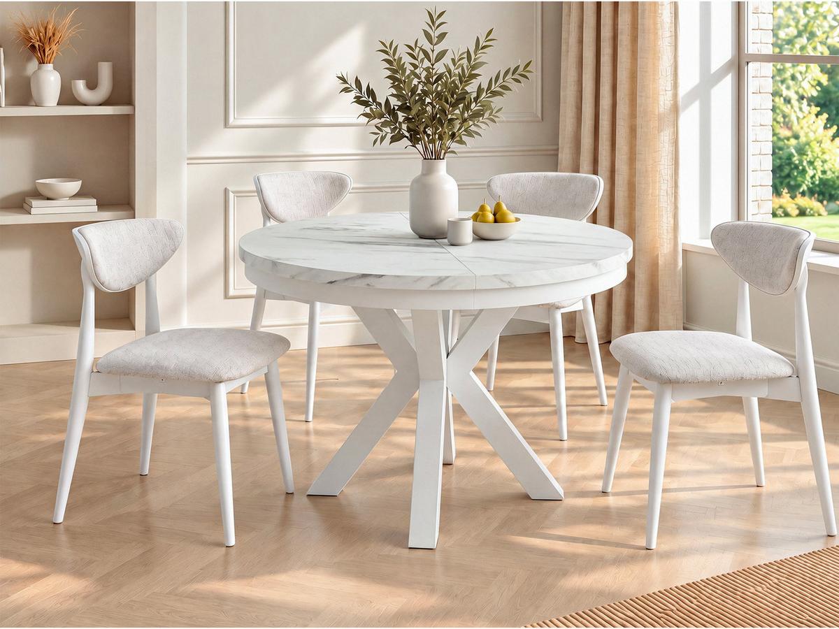 ESSTISCH Clara Weiß runder ausziehbarer, Marmor Weiß 120-200/120/76 cm - Ecru/Weiß, Holzwerkstoff/Metall (120/196/76cm) - WFL GROUP