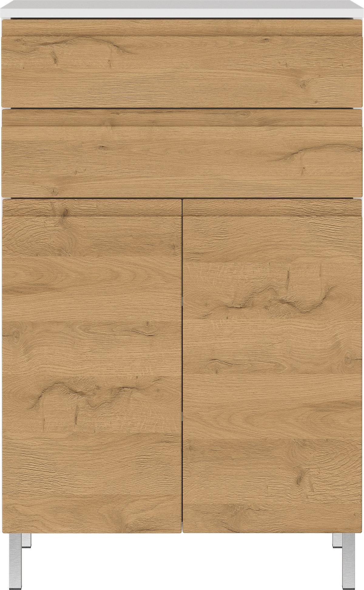 BADSCHRANK Weiß und Eiche Grandson 60x97x34 cm mit Schubladen, Chromfüßen und griffloser Front VEER - Braun, Holz/Metall (60/97/34cm) - KADIMA DESIGN