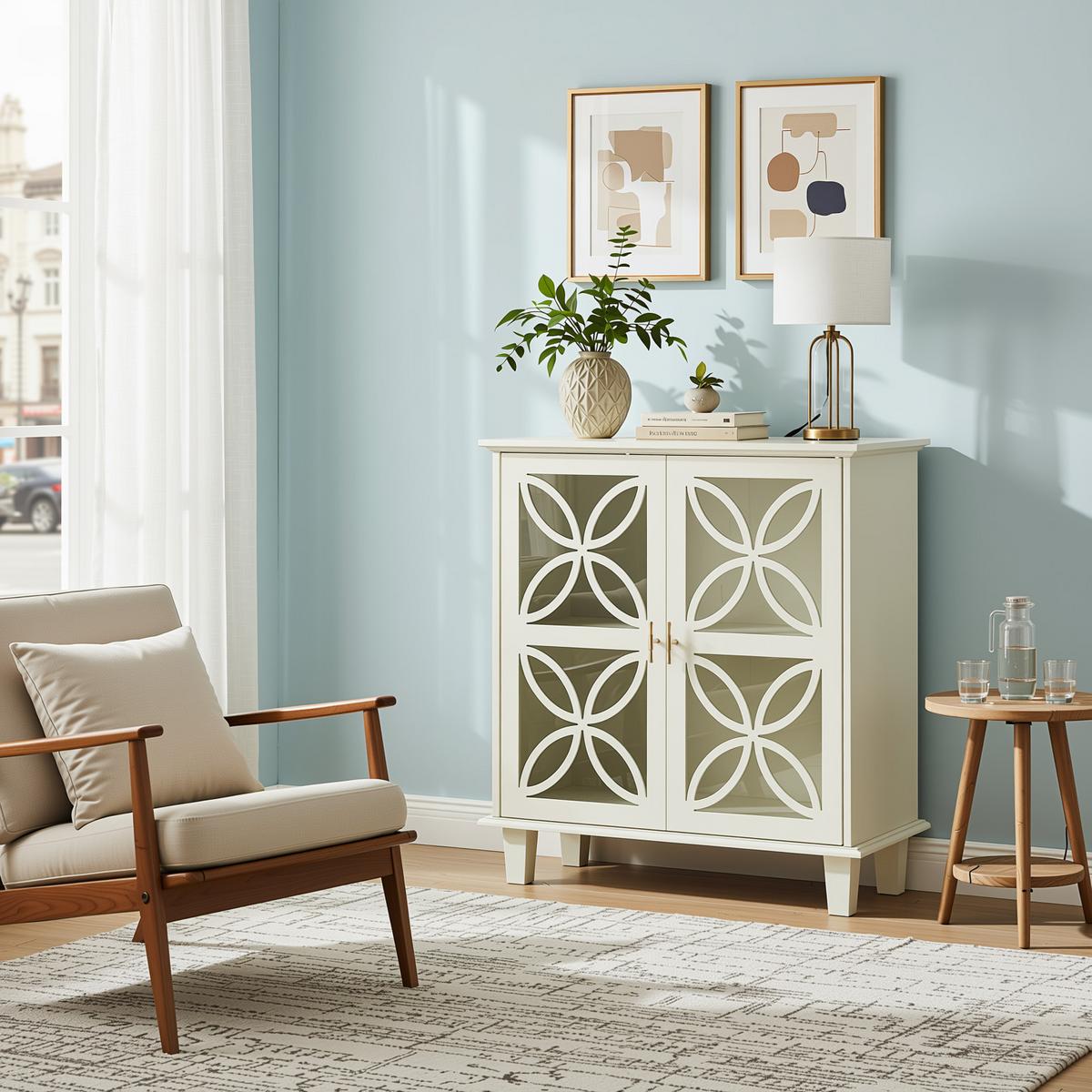 SIDEBOARD 80 cm Creme MDF & Glas mit 2 Glastüren und verstellbaren Regalen - Beige/Creme, Holzwerkstoff (80/87/38cm) - Urban Meuble