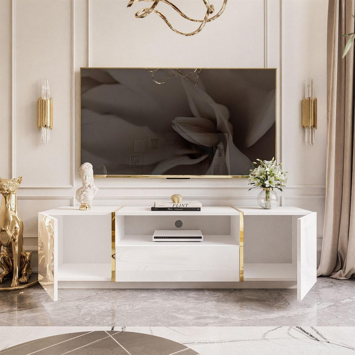 TV-ELEMENT ONYX HOCHGLANZ 158 CM PUSH OPEN - Goldfarben/Weiß, Holzwerkstoff (158/46/41.3cm) - Lookway