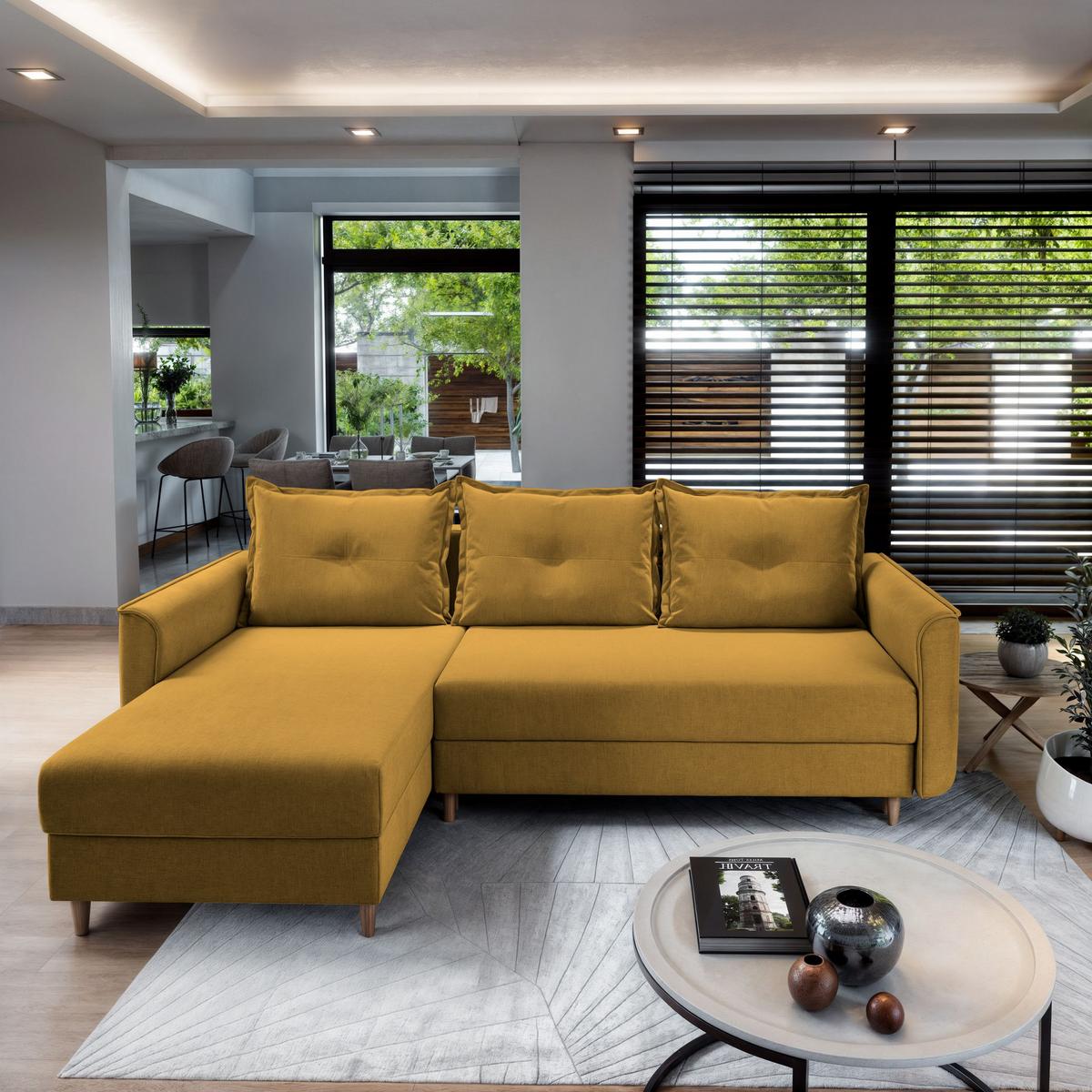 ECKSOFA PISAN L-S Gelb Plüsch-Stoff mit Schlaffunktion - Gelb/Braun, Holz/Textil (220/140cm) - MASSENO