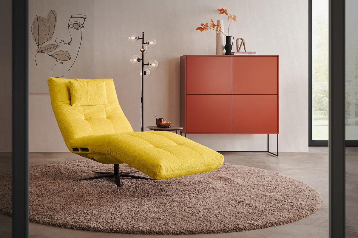 RELAXLIEGE LETICIA Gelb Flachgewebe Relaxfunktion, Drehbar (360°) - Gelb/Schwarz, Textil/Metall (82/115/156cm) - KAWOLA