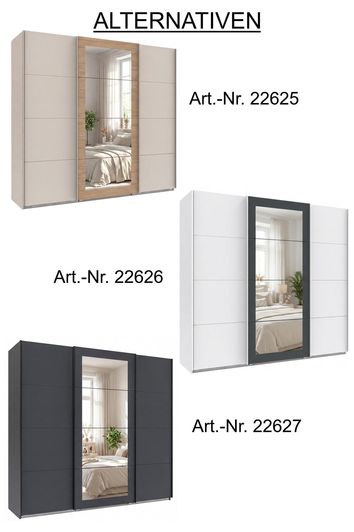 SCHWEBETÜRENSCHRANK 3-türig B225/H208/64 cm Kleiderschrank in Beige Grau, Spiegel umrahmt in Eiche Natur, Griffe Beige Grau / 22625 - Beige/Grau, Holzwerkstoff/Metall (225/208/64cm) - luma-home