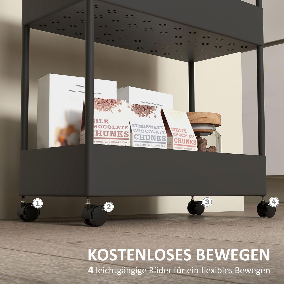 ROLLWAGEN, Küchenregal mit 4 Ebenen, Aufbewahrungsregal mit Rollen, Küchenwagen - Schwarz, Metall (19/90/40cm) - HOMCOM