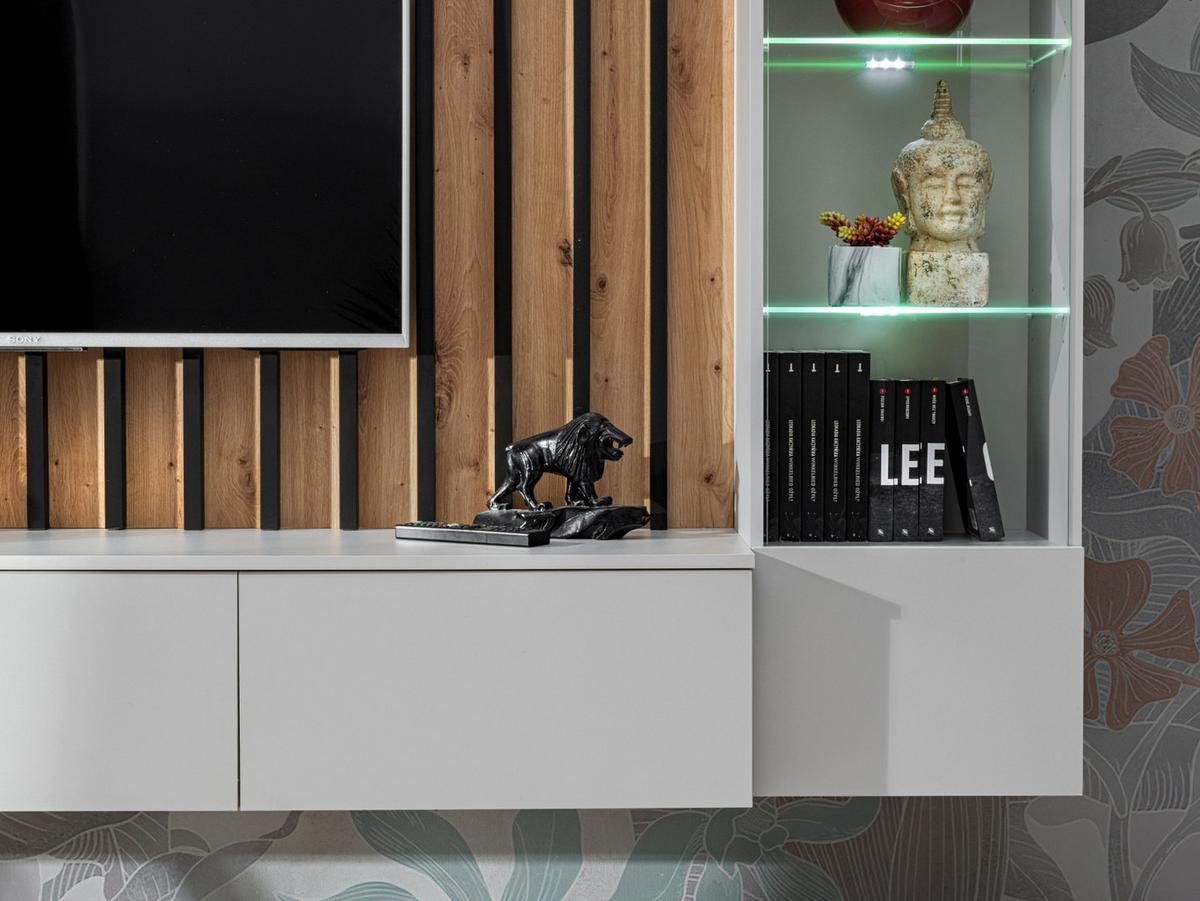 WOHNWAND grau, Artisan Eiche 220 cm, Schrankwand mit LED Beleuchtung - Eiche Artisan/Grau, Glas/Holzwerkstoff (200/148/35cm) - Furn.Design