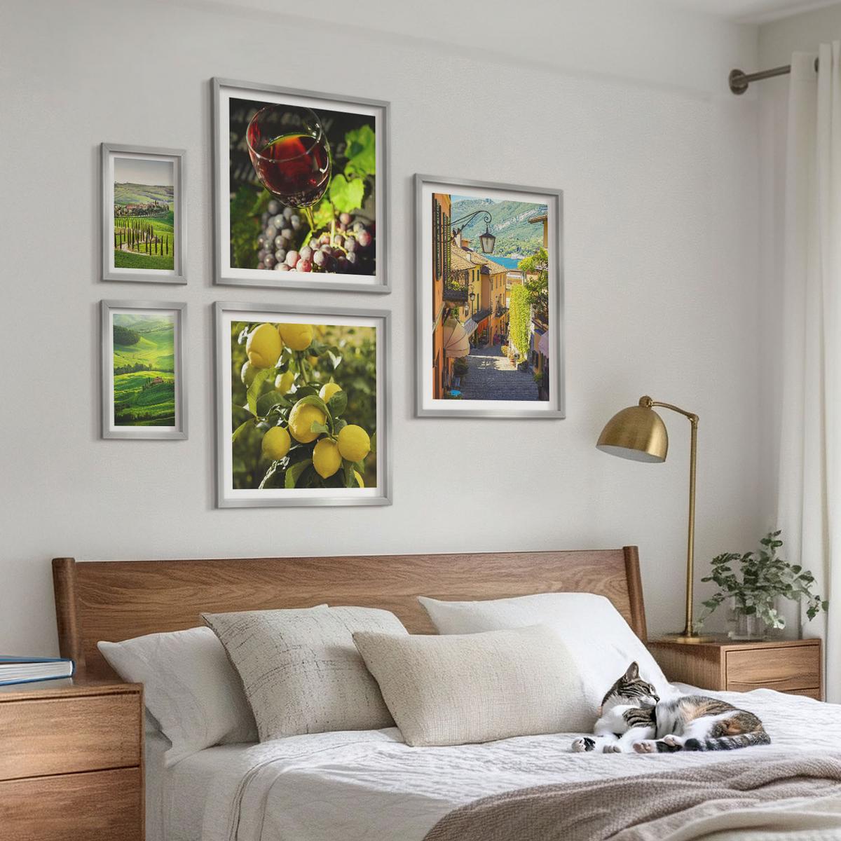 BILDER SET 5er Set - 50x50 cm & 20x30 cm & 40x60 cm Silberner Rahmen - Italienische Landschaften, Zitrushügel - Silberfarben, Kunststoff (40/60cm) - TULUP