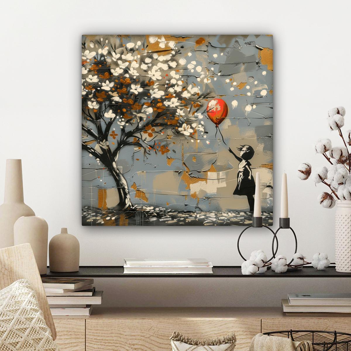 LEINWANDBILD Baum - Graffiti - Banksy-Stil - Ballon-Mädchen Wandbild Wohnzimmer 50x50 cm - Blaugrau, Textil (50/50cm) - MuchoWow