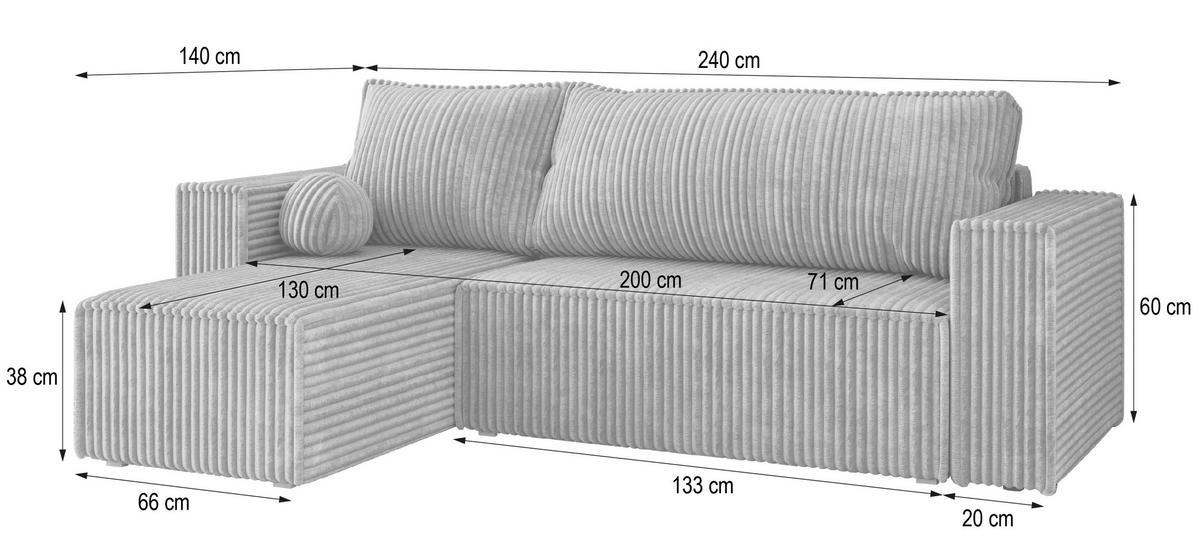 ECKSOFA RAVELO T Kupferfarben Kordstoff mit Schlaffunktion - Grau/Kupferfarben, Holz/Kunststoff (240/140cm) - MASSENO