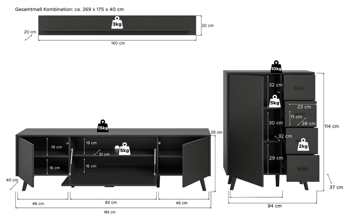 WOHNWAND grau matt 3-teilig 269 cm, Schrankwand mit Struktur - Schwarz/Grau, Holzwerkstoff/Metall (269/175/40cm) - Inn.Furn