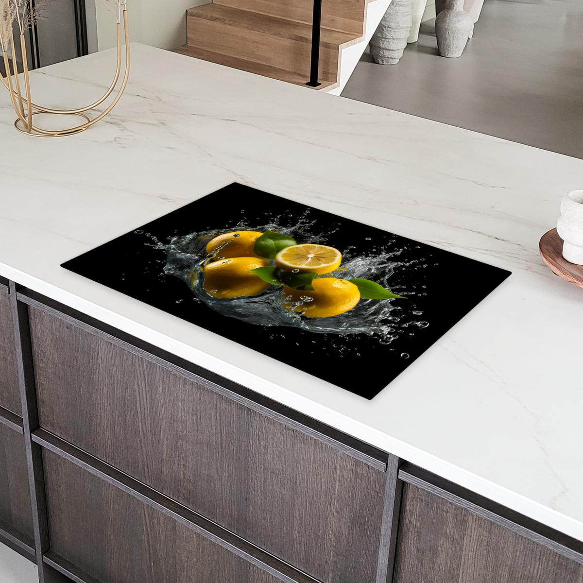 HERDABDECKPLATTE Zitrone - Obst - Gelb - Schwarz Ceranfeldabdeckung 80x52 cm - Gelb, Kunststoff (80/52/0.2cm) - MuchoWow