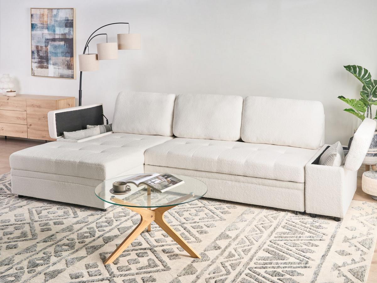 ECKSCHLAFSOFA 3-Sitzer Bouclé Weiß mit Stauraum rechtsseitig Hrisey - Weiß, Textil (293/161cm) - Beliani