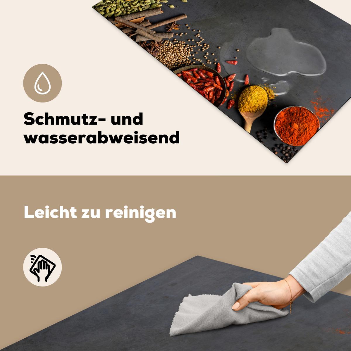 HERDABDECKPLATTE Kräuter - Lebensmittel - Gewürze - Schwarz - Paprika - Zimt Induktionsschutz 91.2x52 cm - Currygelb, Kunststoff (91.2/52/0.2cm) - MuchoWow