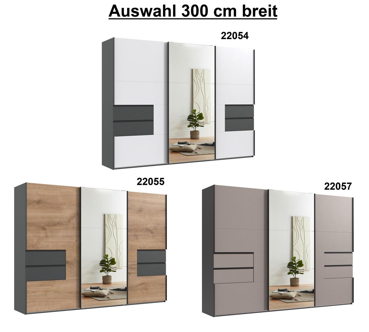 SCHWEBETÜRENSCHRANK 3-türig B300/H216/T65 cm, Korpus & Schubladen Grafit, Türen Eiche Dekor / Spiegel, Kleiderschrank inkl. Vollausstattung / 22055 - Eichefarben/Bordeaux, Holzwerkstoff/Metall (300/216/65cm) - luma-home