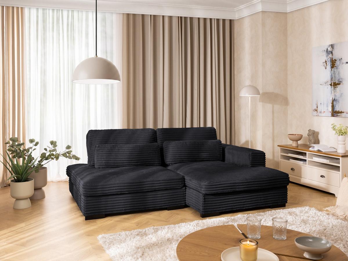 ECKSOFA Wolke mit tiefer Sitzfläche, Schlaffunktion und praktischem Bettkasten aus weichem Schwarz Cordstoff - Schwarz, Holz/Kunststoff (225/162cm) - S-Style
