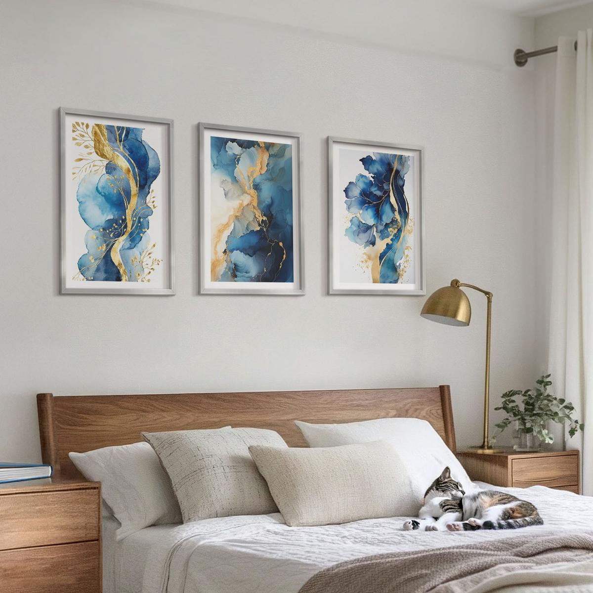 BILDER SET 3er Set - 40x60 cm Silberner Rahmen - Blaue abstrakte Muster - Silberfarben, Kunststoff (40/60cm) - TULUP