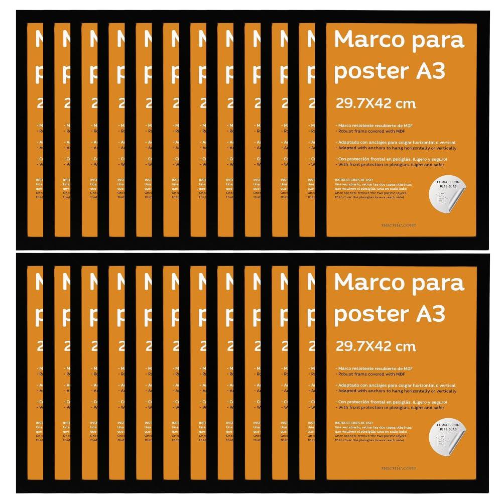RAHMEN Set mit 24 aus MDF und Acrylglas Schutz und Aussteller für Fotografien, Bilder, Poster, Gemälde, Dekoration für Haus Farbe Schwarz A3 - Schwarz, Holz (29.7/3cm) - Nacnic
