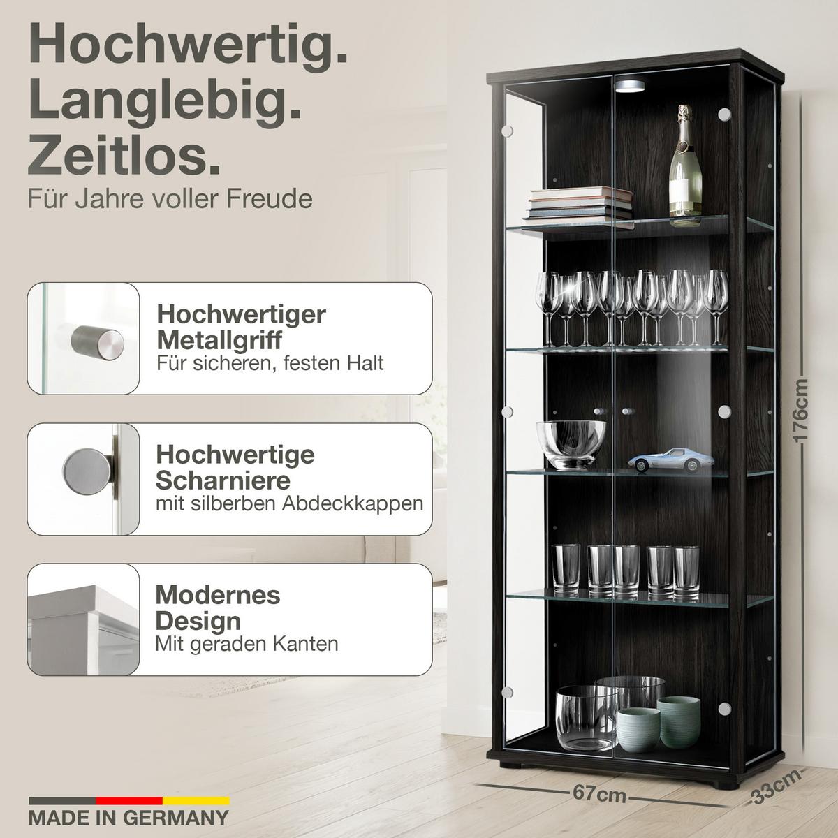VITRINE 33/67/176 cm mit LED & 4 höhenverstellbaren Glasböden - Transparent/Silberfarben, Glas/Holzwerkstoff (67/176/33cm) - K-Möbel