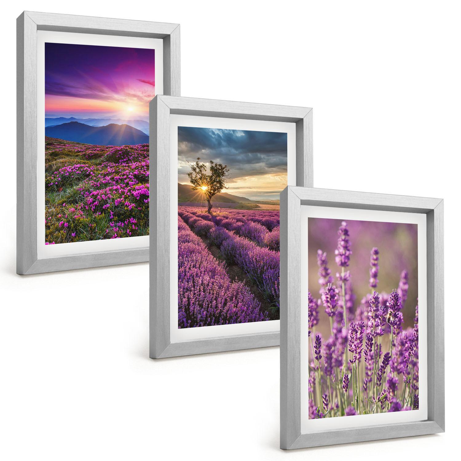 BILDER SET 3er Set - 20x30 cm Silberner Rahmen - Sonnenuntergang auf Lavendelfeldern - Silberfarben, Kunststoff (20/30cm) - TULUP