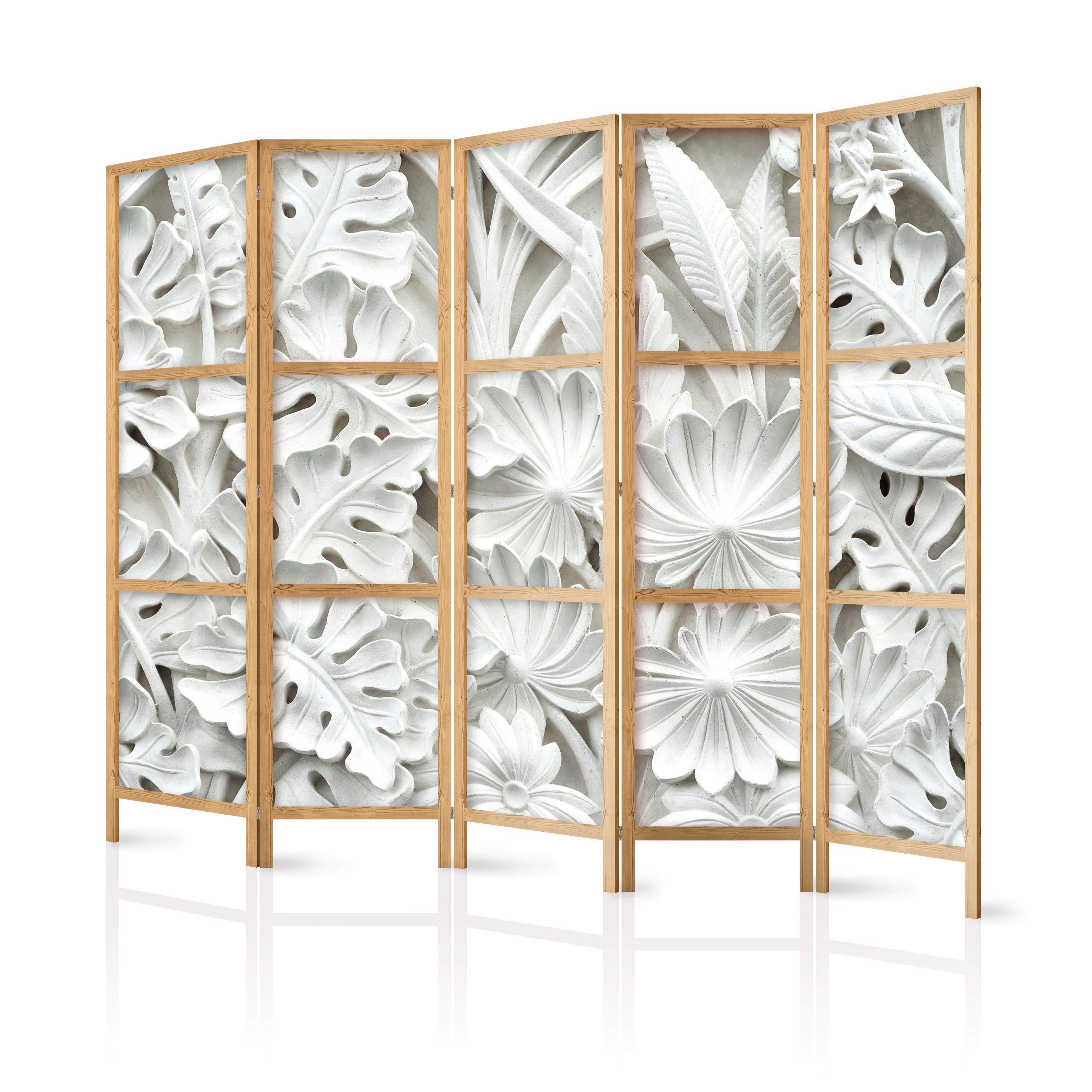 PARAVENT Japanischer 5-tlg 225x172 cm Wei e Bl tter 3D - Grau, Holz/Textil (225/172/3cm) - Muralo
